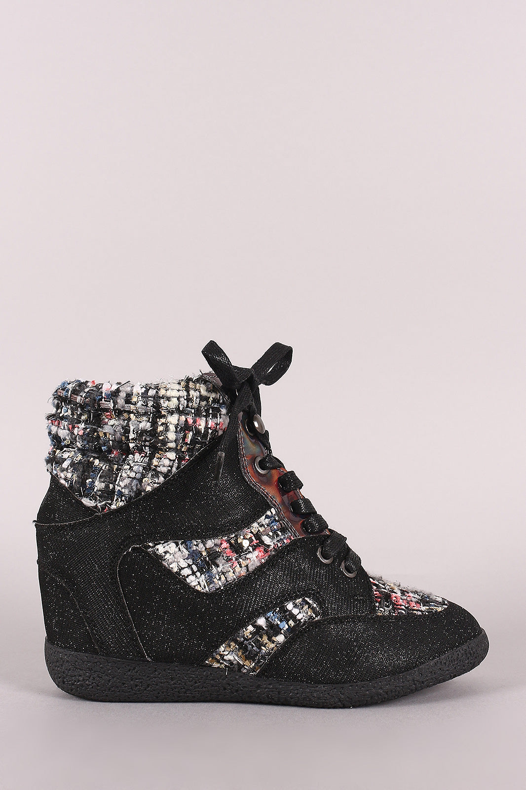 Bamboo Glitter Tweed High Top Lace Up Wedge Sneakers