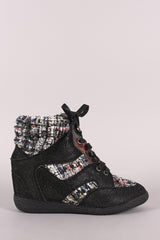 Bamboo Glitter Tweed High Top Lace Up Wedge Sneakers