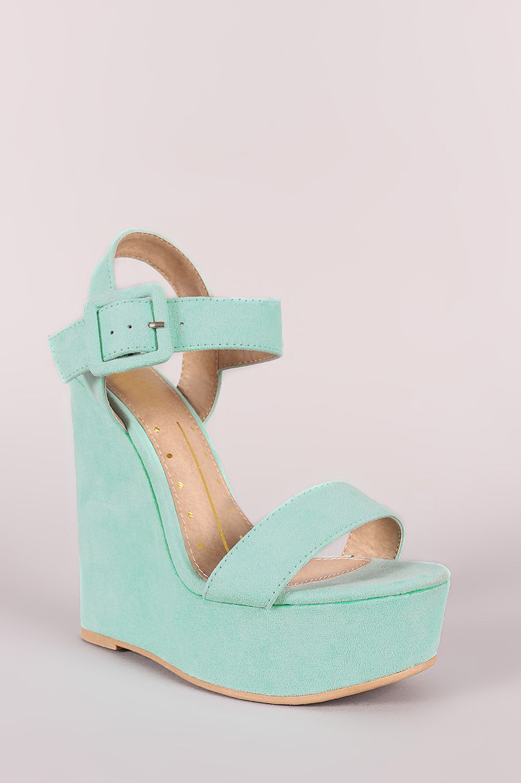Suede Open Toe Buckled Ankle Strap Platform Wedge