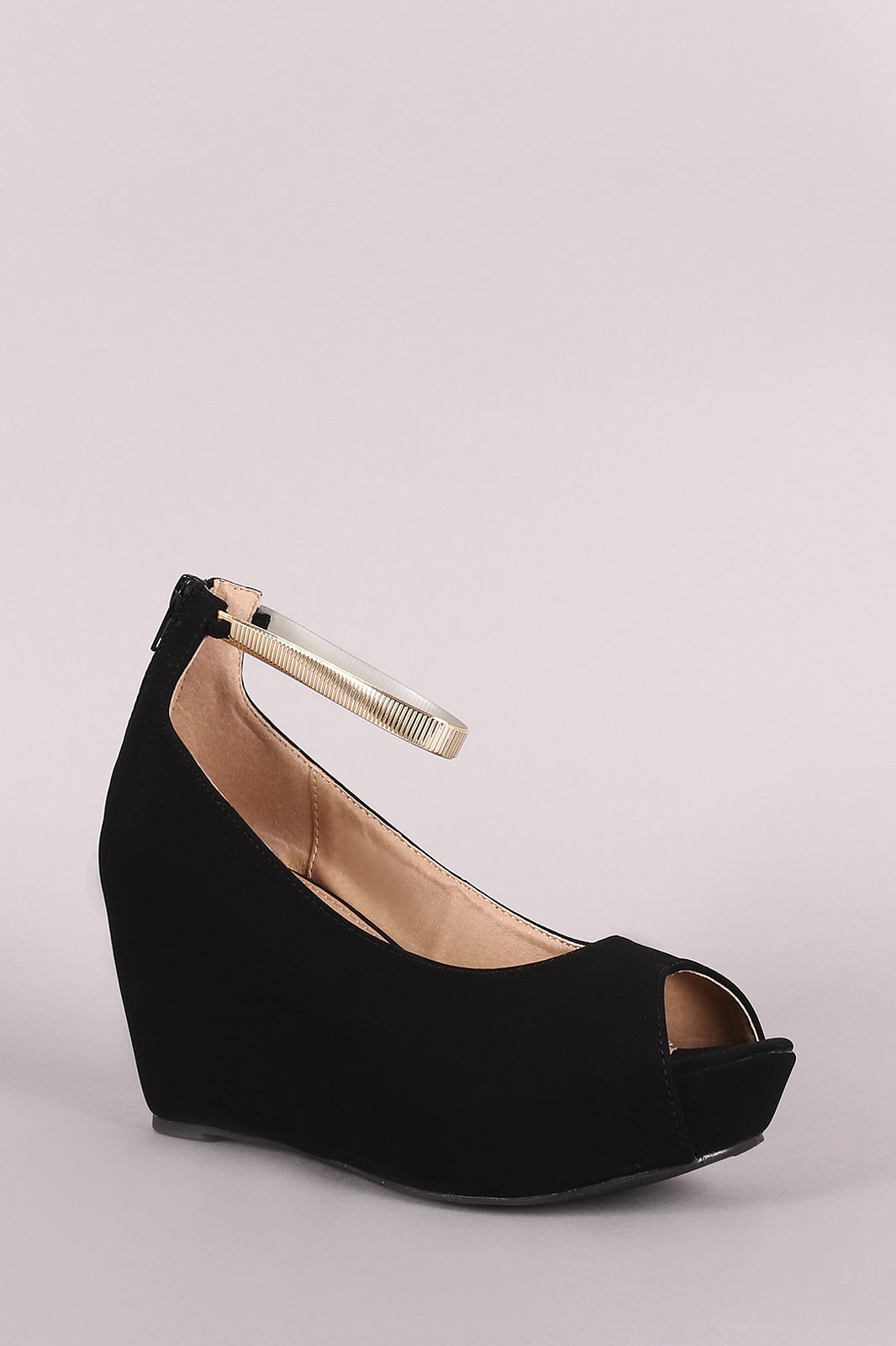 Nubuck Peep Toe Metallic Ankle Strap Platform Wedge