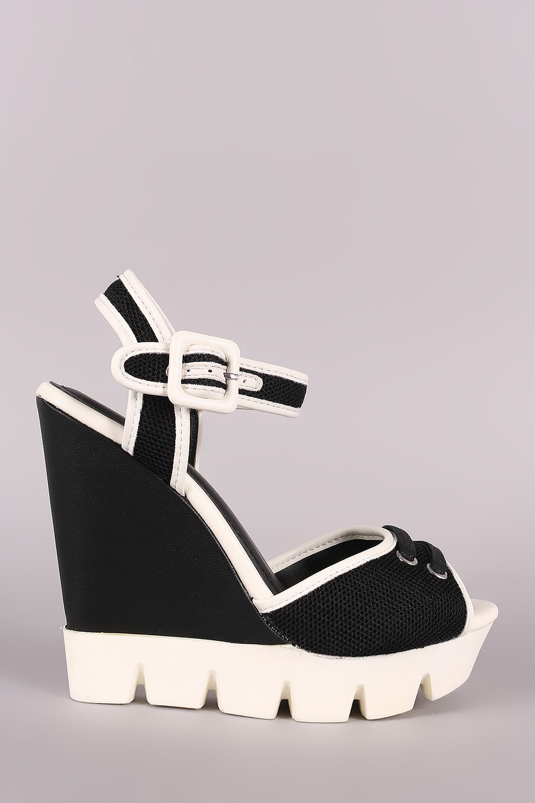 Bamboo Peep Toe Mesh Lug Sole Platform Wedge
