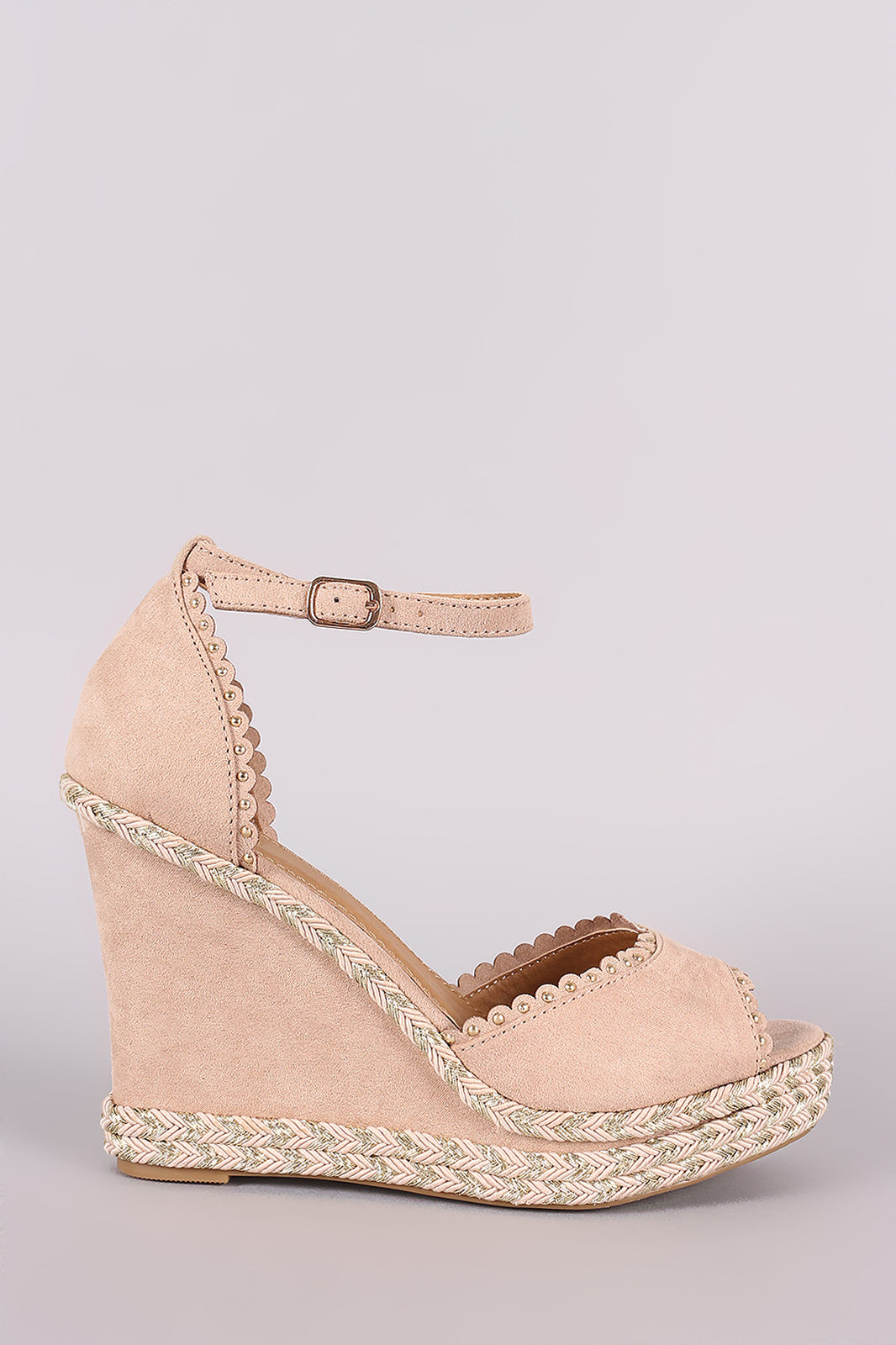 Bamboo Studded Scallop Ankle Strap Platform Wedge