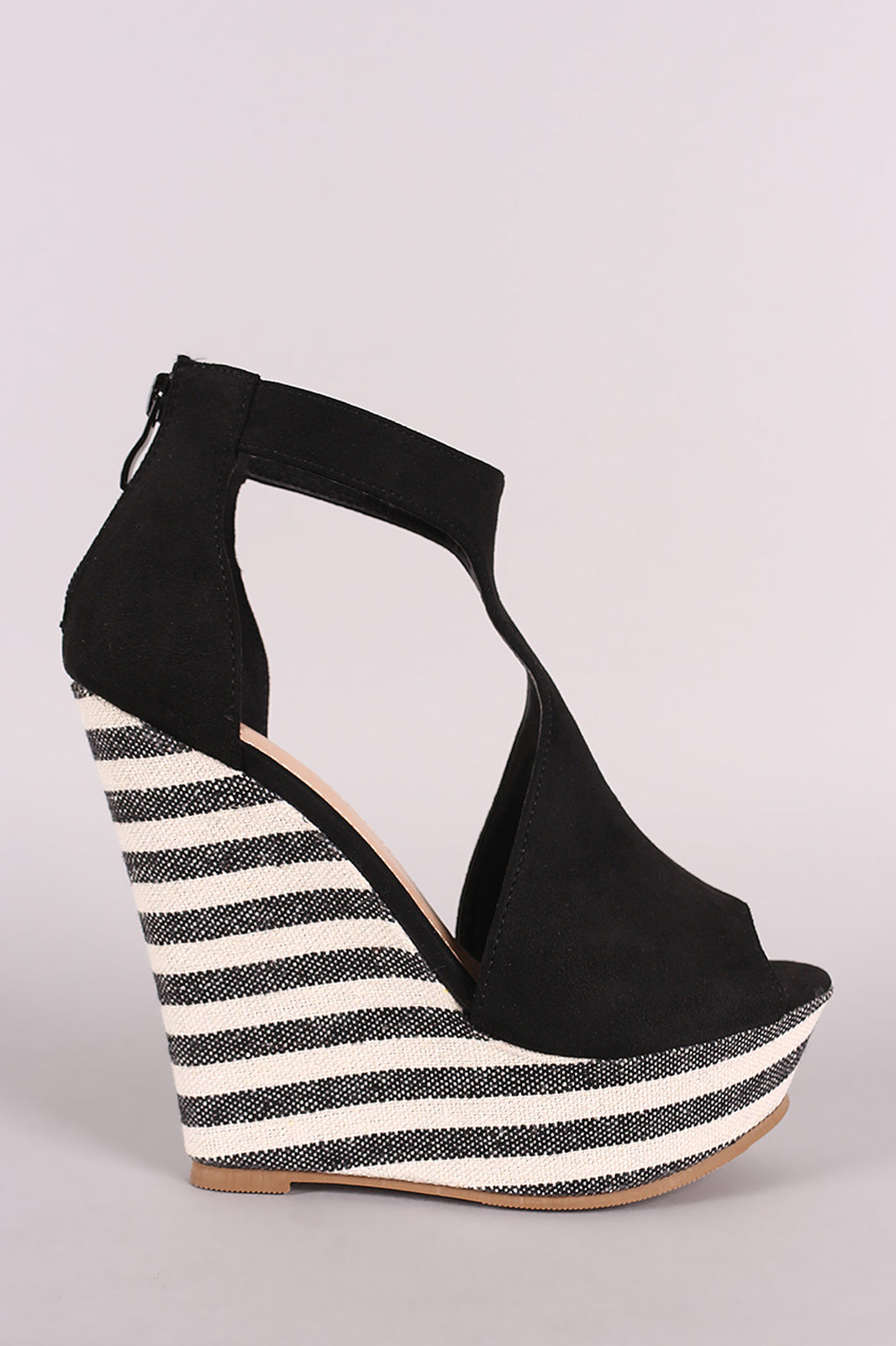 Suede T-Strap Striped Platform Wedge
