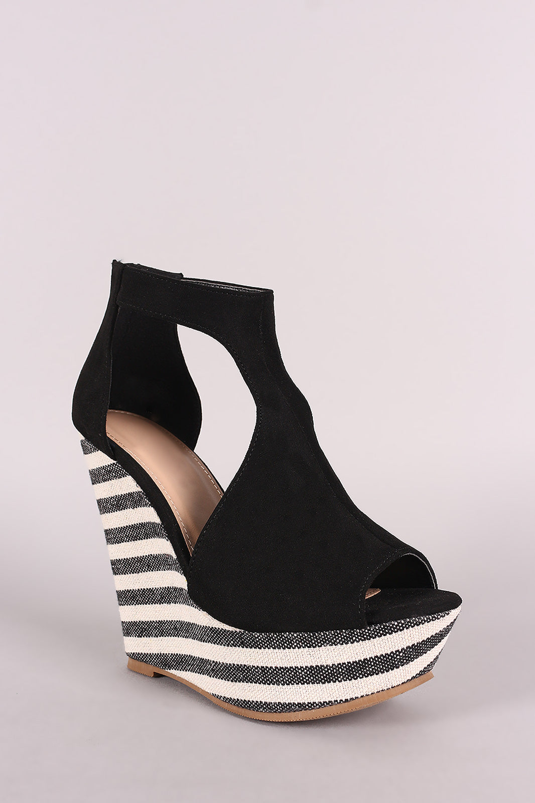 Suede T-Strap Striped Platform Wedge