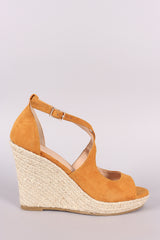 Suede Peep Toe Crisscross Strap Espadrille Platform Wedge