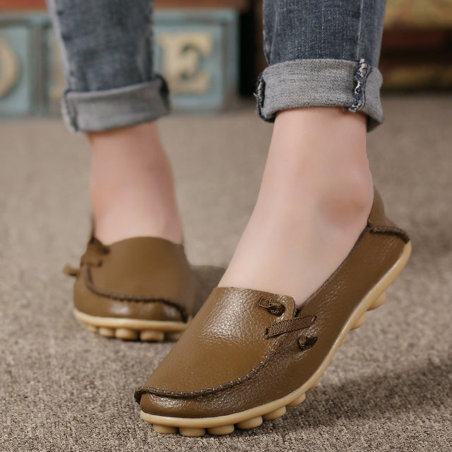 Genuine Leather Women Shoes  Fashion Lace up Casual Flat Shoes Peas Non-Slip Outdoor Shoes Plus Size 34 -44