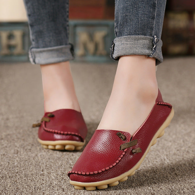 Genuine Leather Women Shoes  Fashion Lace up Casual Flat Shoes Peas Non-Slip Outdoor Shoes Plus Size 34 -44