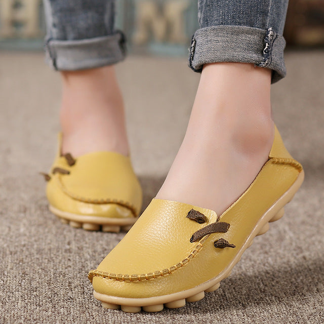 Genuine Leather Women Shoes  Fashion Lace up Casual Flat Shoes Peas Non-Slip Outdoor Shoes Plus Size 34 -44