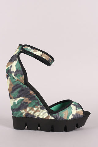 Bamboo Camouflage Mesh Lug Sole Platform Wedge