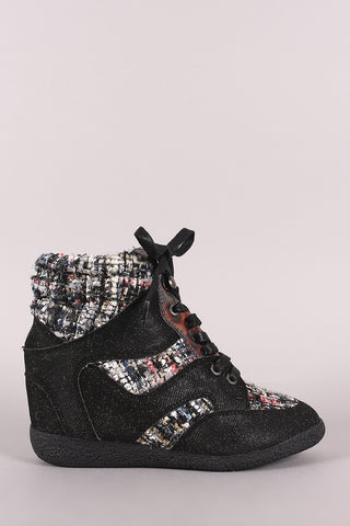 Bamboo Glitter Tweed High Top Lace Up Wedge Sneakers