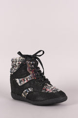 Bamboo Glitter Tweed High Top Lace Up Wedge Sneakers