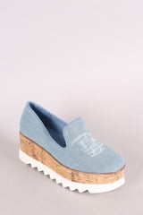 Bamboo Distressed Denim Lug Sole Loafer Platform Wedge