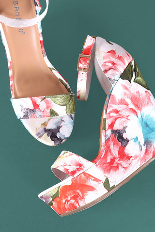 Bamboo Floral Print Ankle Strap Platform Wedge