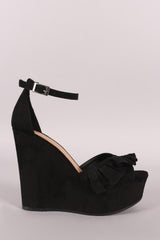 Bamboo Ruffle Suede Ankle Strap Platform Wedge