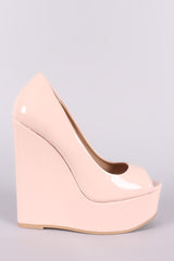 Peep Toe Vegan Patent Leather Platform Wedge