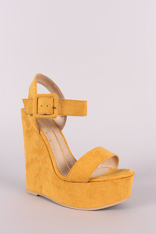 Suede Open Toe Buckled Ankle Strap Platform Wedge