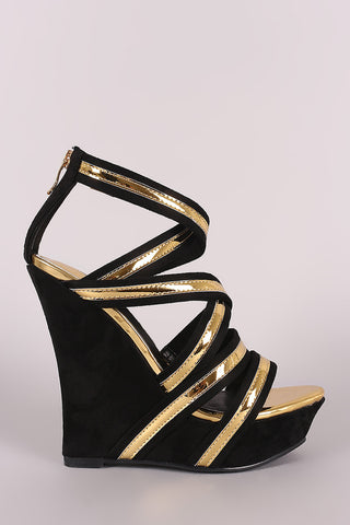 Metallic Two Tone Strappy Suede Platform Wedge