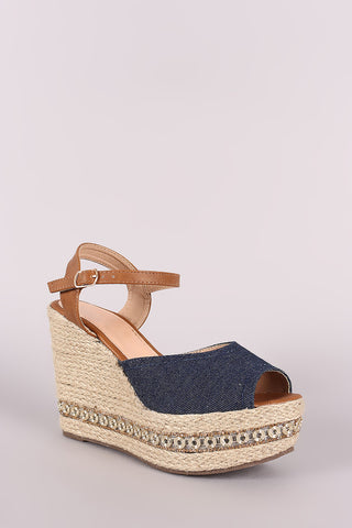 Canvas Peep Toe Hardware Trim Espadrille Platform Wedge