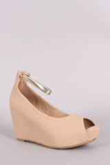 Nubuck Peep Toe Metallic Ankle Strap Platform Wedge