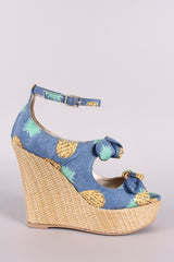 Qupid Pineapple Print Bow Ankle Strap Wedge