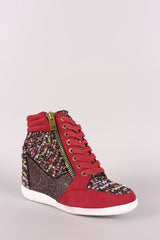 Bamboo Tweed Zipper High Top Lace Up Wedge Sneaker