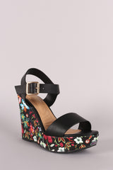 Bamboo Vegan Leather Open Toe Floral Platform Wedge