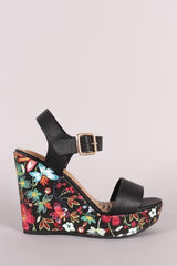 Bamboo Vegan Leather Open Toe Floral Platform Wedge