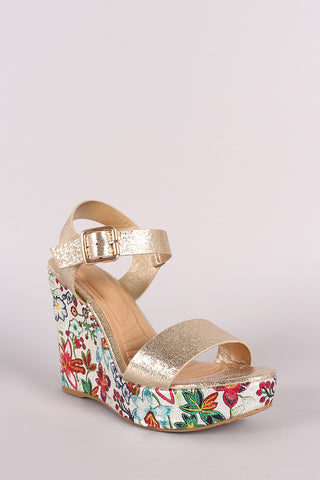 Bamboo Cracked Metallic Open Toe Floral Platform Wedge