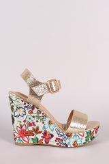 Bamboo Cracked Metallic Open Toe Floral Platform Wedge