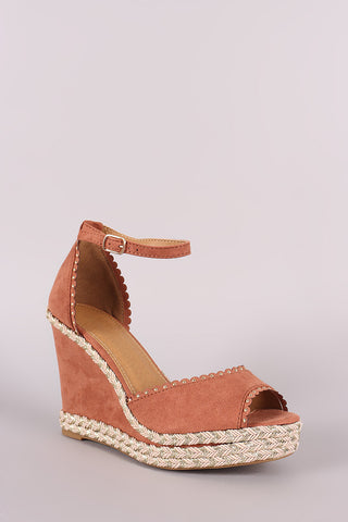 Bamboo Studded Scallop Ankle Strap Platform Wedge