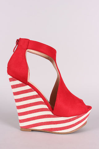 Suede T-Strap Striped Platform Wedge