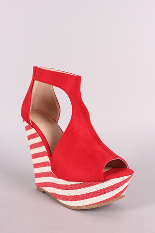 Suede T-Strap Striped Platform Wedge