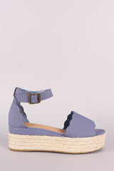 Bamboo Denim Scallop Open Toe Flatform Espadrille Wedge