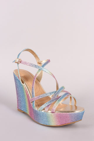 Bamboo Colorful Glitter Pastel Open Toe Crisscross Platform Wedge