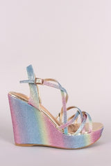 Bamboo Colorful Glitter Pastel Open Toe Crisscross Platform Wedge