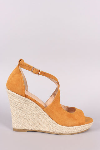 Suede Peep Toe Crisscross Strap Espadrille Platform Wedge