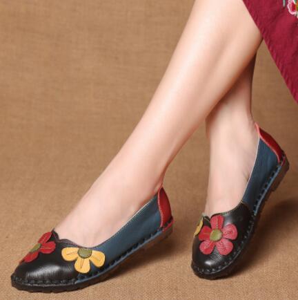 Fashion Flower Design Round Toe Mix Color Flat Shoes Vintage Genuine Leather Women Flats Girl Loafer A006