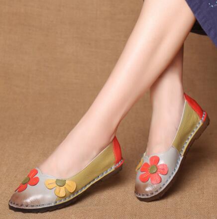 Fashion Flower Design Round Toe Mix Color Flat Shoes Vintage Genuine Leather Women Flats Girl Loafer A006