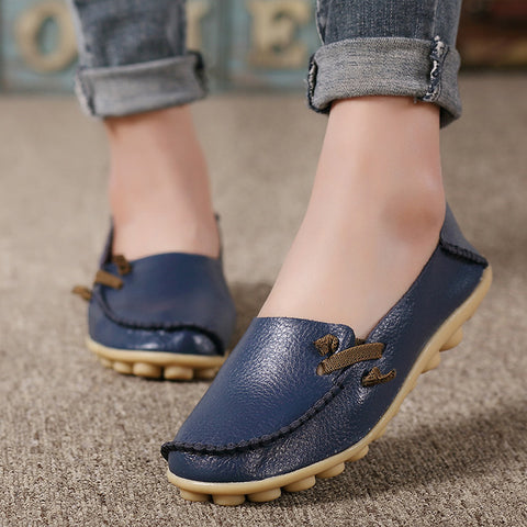 Genuine Leather Women Shoes  Fashion Lace up Casual Flat Shoes Peas Non-Slip Outdoor Shoes Plus Size 34 -44