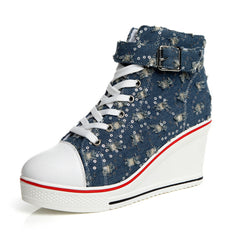 Women Wedges Causal Shoes Woman Breathable Platform Denim Canvas Shoes Hidden Wedge Sneakers