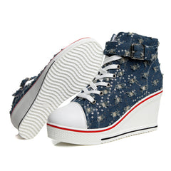 Women Wedges Causal Shoes Woman Breathable Platform Denim Canvas Shoes Hidden Wedge Sneakers