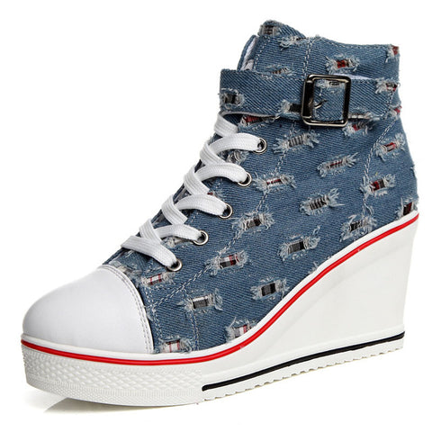 Women Wedges Causal Shoes Woman Breathable Platform Denim Canvas Shoes Hidden Wedge Sneakers