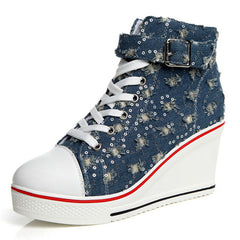 Women Wedges Causal Shoes Woman Breathable Platform Denim Canvas Shoes Hidden Wedge Sneakers