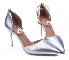 Women Sandals Silver Thin High Heels Women Pumps Pointed Toe Women Shoes Metal Pearl Sexy Wedding Shoes