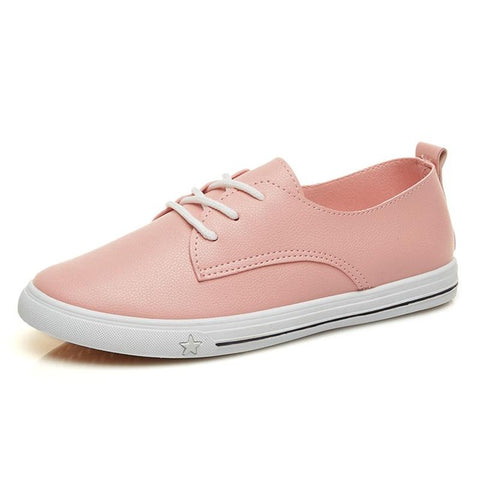 New Leather Women Shoe Casual Leather Shoes For Women Flat Shoes White Ladies Lacing Loafers Zapatos Mujer