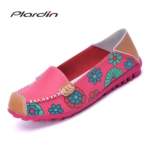 Cow Muscle Ballet Summer Flower Print Women Genuine Leather Shoes Woman  Flat Flexible Nurse  Peas Loafer Flats Appliques