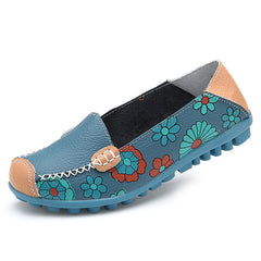 Cow Muscle Ballet Summer Flower Print Women Genuine Leather Shoes Woman  Flat Flexible Nurse  Peas Loafer Flats Appliques