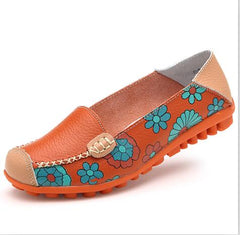 Cow Muscle Ballet Summer Flower Print Women Genuine Leather Shoes Woman  Flat Flexible Nurse  Peas Loafer Flats Appliques