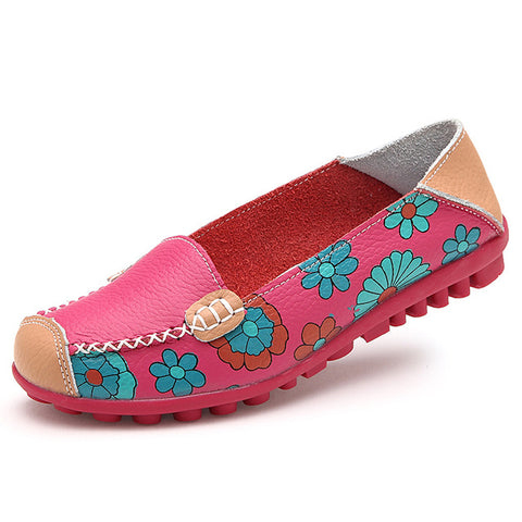 Cow Muscle Ballet Summer Flower Print Women Genuine Leather Shoes Woman  Flat Flexible Nurse  Peas Loafer Flats Appliques