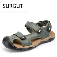 Summer Casual Solid Men Sandals Breathable High Quality Genuine Leather Beach Shoes Big Size 38~48